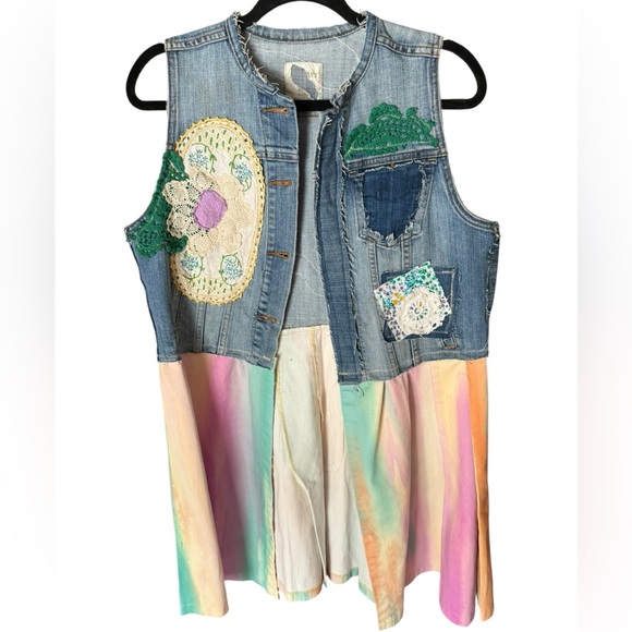 Handmade Upcycle Denim Vest with Vintage Crochet, trims and Pastel Accents - Picture 1 of 6